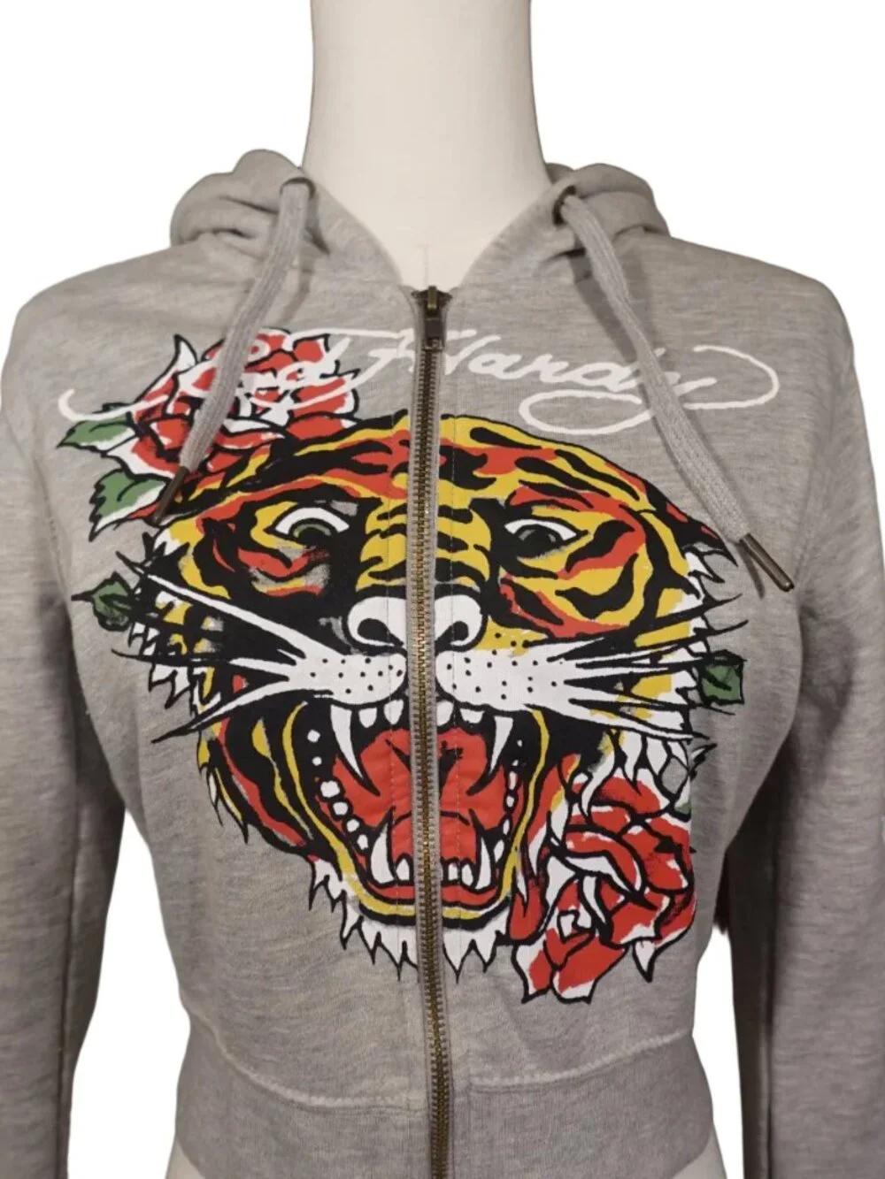 Ed Hardy "Tiger and Rose" Crop Gray Jacket (L) - Picture 2 of 6